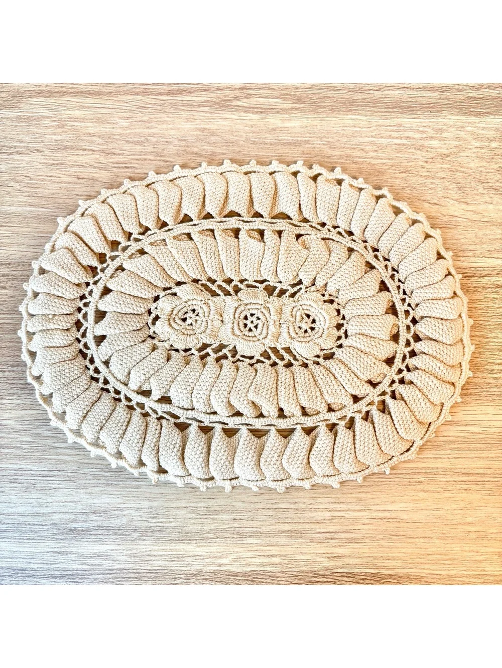 Vintage Handmade Crochet Oval Doily 8x10 Beige Floral Lace Table Centerpiece
